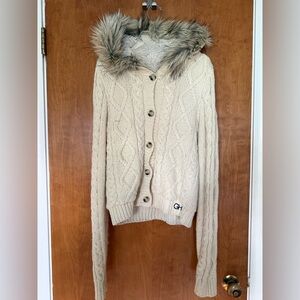 Gilly Hicks Cream Cable Knit Sweater with Faux Fur Hood